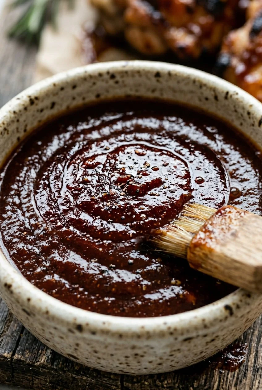 sugar-free BBQ sauce in a ceramic bowl with a pastry brush — sugar swap recipe by Mel