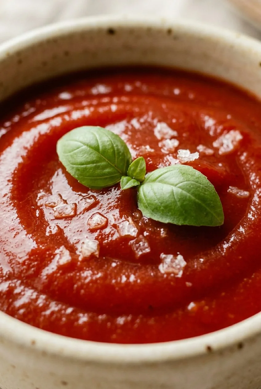 sugar-free ketchup in a bowl with fresh basil — sugar swap recipe by Mel