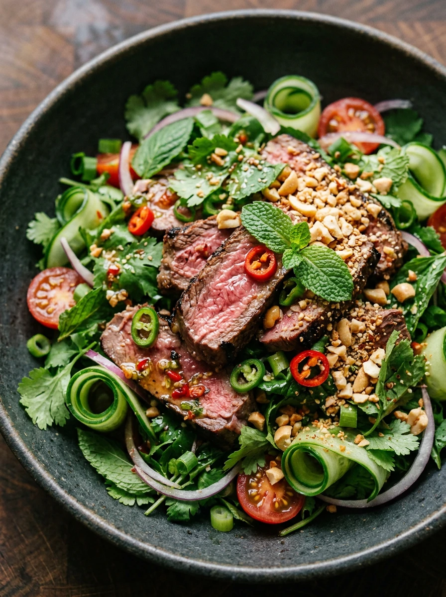 Thai steak salad sugar swap — grilled beef with fresh herbs, cucumber, cherry tomatoes and monk fruit dressing