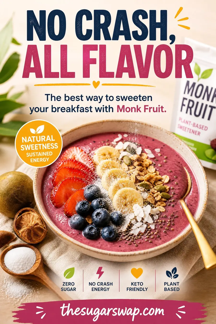 no crash breakfast ideas sweetened with monk fruit — smoothie bowl with berries and no added sugar
