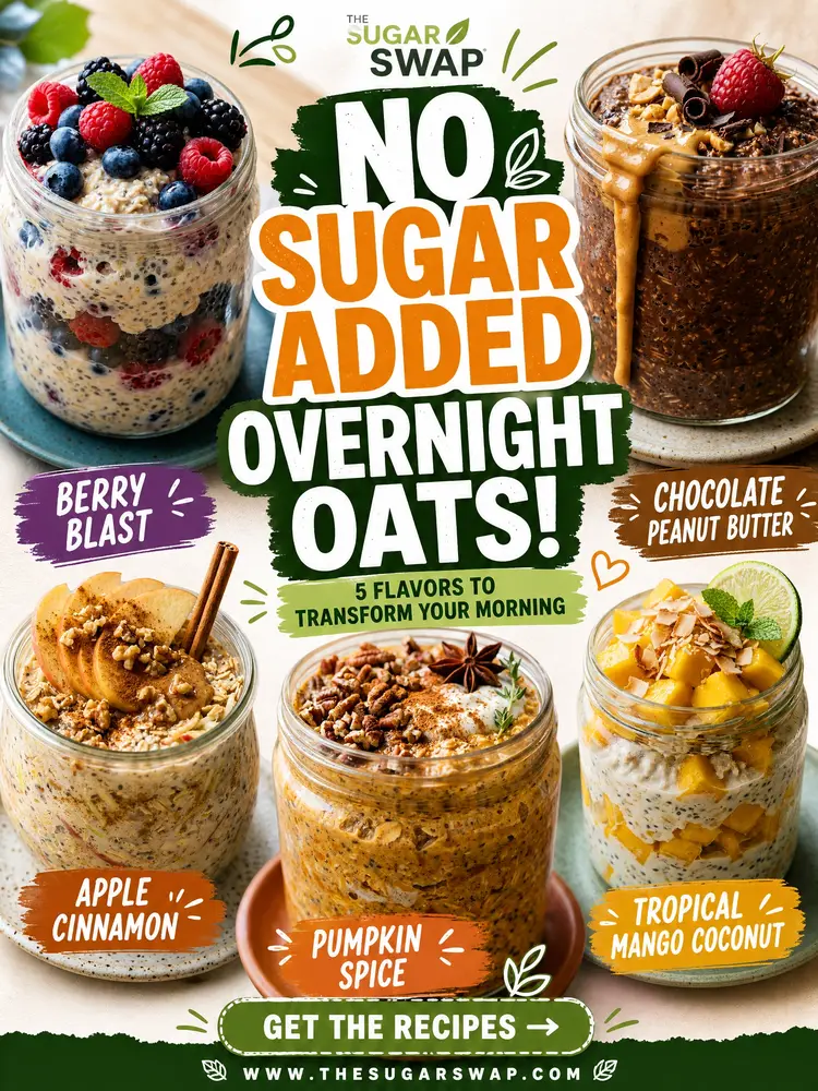 five low sugar overnight oats flavors — berry blast, chocolate peanut butter, apple cinnamon, pumpkin spice, tropical mango coconut, all no added sugar