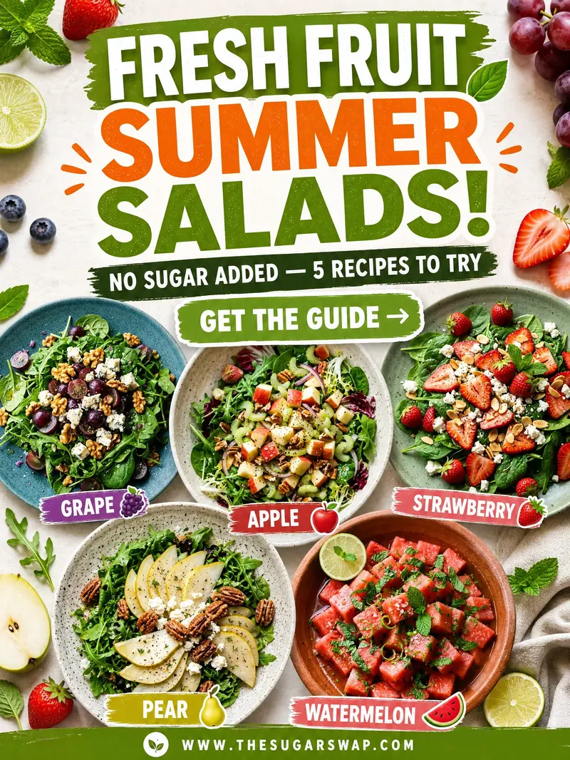 five summer fruit salads with no added sugar — grape gorgonzola, apple celery pecan, strawberry spinach feta, pear goat cheese, watermelon mint — by The Sugar Swap