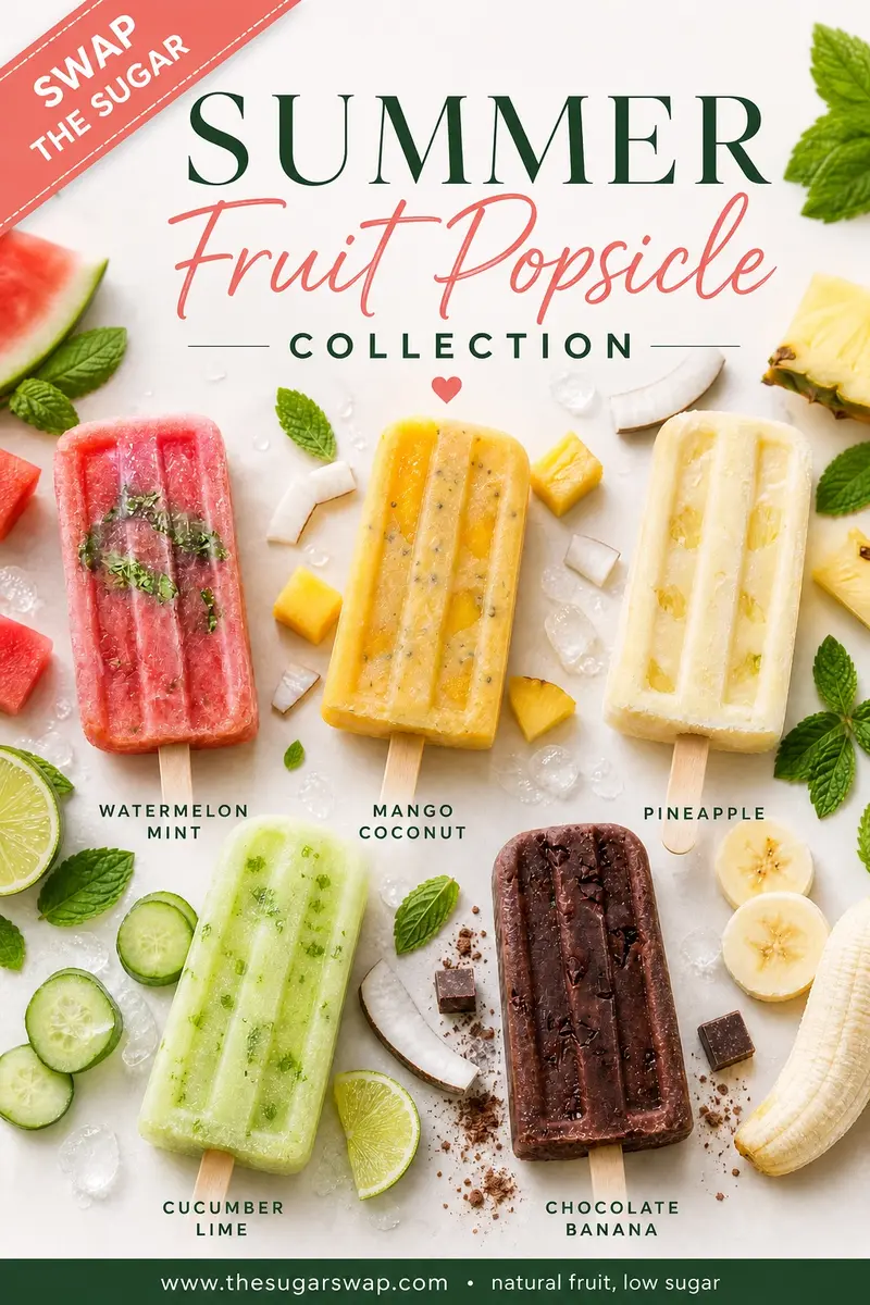 five no added sugar summer popsicles — cucumber lime, mango coconut, pineapple coconut, cucumber lime, chocolate banana — by The Sugar Swap