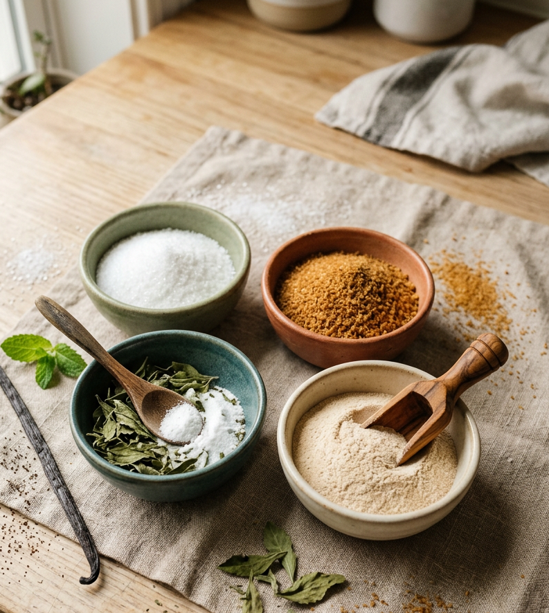 Four bowls of different sweeteners — allulose, monk fruit, stevia, erythritol